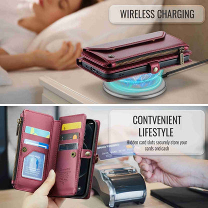 For iPhone 12 Pro CaseMe C36 Card Slots Zipper Wallet RFID Anti-theft Leather Phone Case(Wine Red)