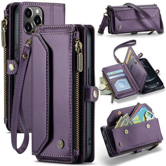 Pour iPhone 12 Pro Max CaseMe C36 Étui de téléphone en cuir anti-vol RFID avec fermeture éclair et fentes pour cartes (violet)