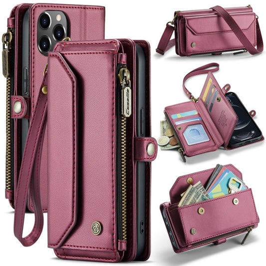 Pour iPhone 12 Pro Max Étui Portefeuille Zippé en Cuir Anti-RFID CaseMe C36 avec Fentes pour Cartes (Rouge vin)