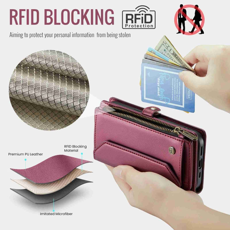 For iPhone 12 Pro Max CaseMe C36 Card Slots Zipper Wallet RFID Anti-theft Leather Phone Case(Wine Red)