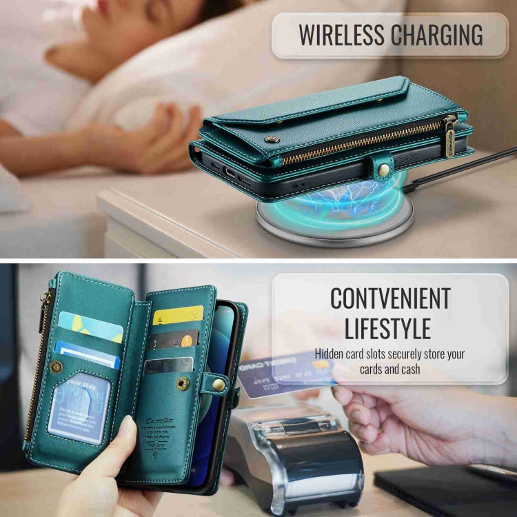 Pour iPhone 12 Étui portefeuille à fermeture éclair CaseMe C36 avec fentes pour cartes, anti-vol RFID en cuir (Bleu-vert)