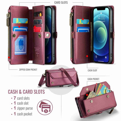 For iPhone 12 CaseMe C36 Card Slots Zipper Wallet RFID Anti-theft Leather Phone Case(Wine Red)