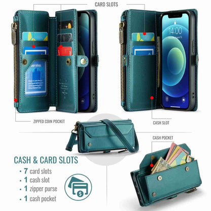 Pour iPhone 12 mini CaseMe C36 Emplacements pour cartes Portefeuille zippé Anti-vol RFID Étui de téléphone en cuir (bleu-vert)