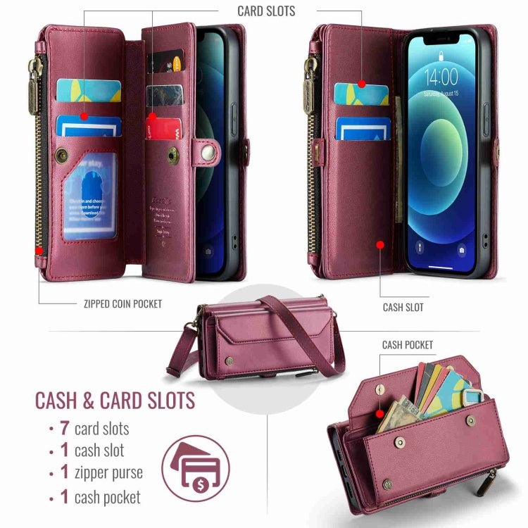 For iPhone 12 mini CaseMe C36 Card Slots Zipper Wallet RFID Anti-theft Leather Phone Case(Wine Red)