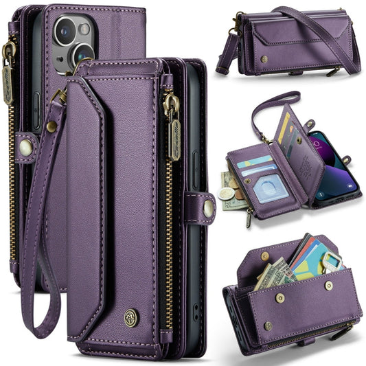 Pour iPhone 13 Étui portefeuille à glissière CaseMe C36 avec fentes pour cartes et protection RFID en cuir (violet)