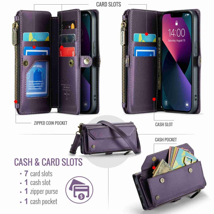 For iPhone 13 CaseMe C36 Card Slots Zipper Wallet RFID Anti-theft Leather Phone Case(Purple)