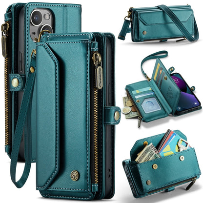 For iPhone 13 CaseMe C36 Card Slots Zipper Wallet RFID Anti-theft Leather Phone Case(Blue-green)