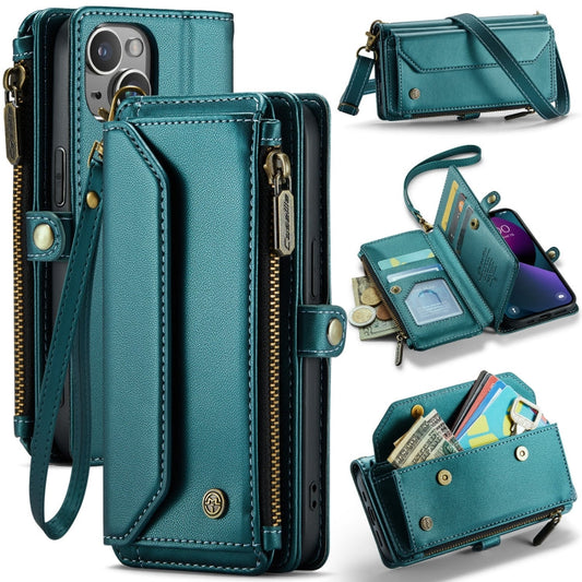 Pour iPhone 13 Étui en Cuir Anti-vol RFID avec Fentes pour Cartes et Fermeture Éclair CaseMe C36 (Bleu-vert)