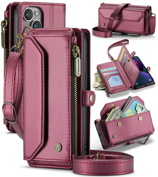 Pour iPhone 13 Étui portefeuille à glissière en cuir avec fentes pour cartes et protection RFID CaseMe C36 (Rouge vin)