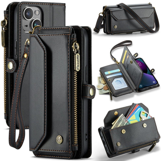 Pour iPhone 13 mini CaseMe C36 Étui portefeuille en cuir anti-vol RFID avec fentes pour cartes et fermeture éclair (Noir)