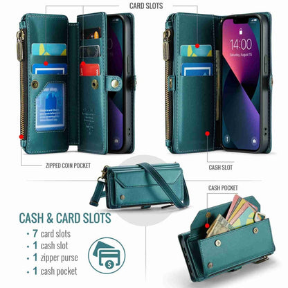 For iPhone 13 mini CaseMe C36 Card Slots Zipper Wallet RFID Anti-theft Leather Phone Case(Blue-green)