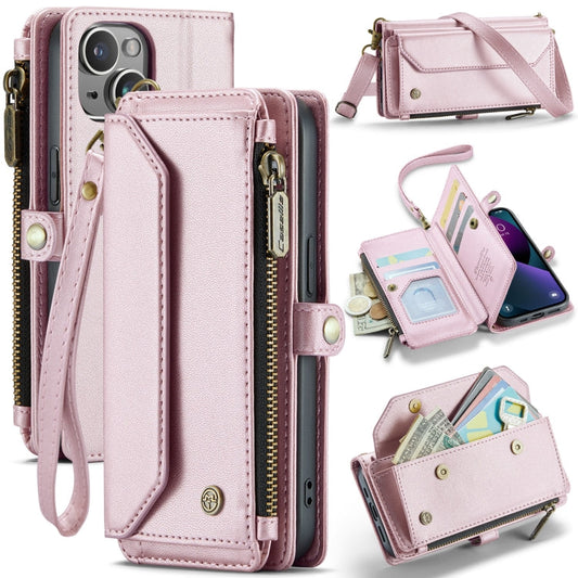 Pour iPhone 13 mini étui portefeuille CaseMe C36 avec fentes pour cartes, fermeture éclair et anti-vol RFID en cuir (rose)