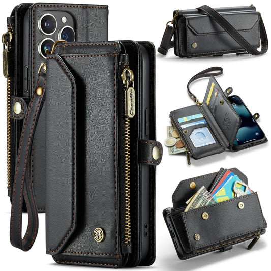 Pour iPhone 13 Pro Étui portefeuille en cuir CaseMe C36 avec emplacements pour cartes et fermeture éclair, anti-vol RFID (Noir)