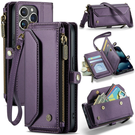 Pour iPhone 13 Pro Étui portefeuille en cuir CaseMe C36 avec emplacements pour cartes et fermeture éclair, anti-vol RFID (Violet)