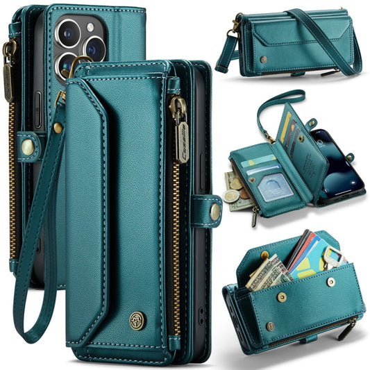 Pour iPhone 13 Pro Étui portefeuille en cuir CaseMe C36 avec emplacements pour cartes, fermeture éclair et anti-vol RFID (bleu-vert)