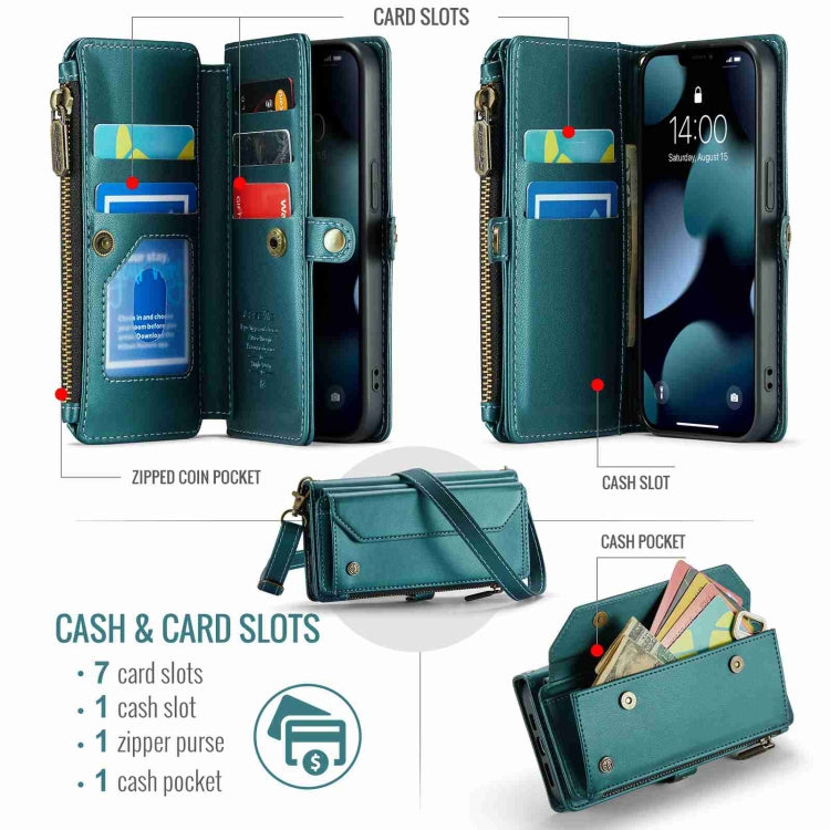 For iPhone 13 Pro CaseMe C36 Card Slots Zipper Wallet RFID Anti-theft Leather Phone Case(Blue-green)