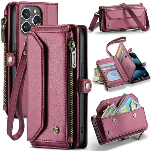 Pour iPhone 13 Pro Étui Caseme C36 Fentes pour cartes Portefeuille zippé Antivol RFID Étui de téléphone en cuir (Rouge bordeaux)