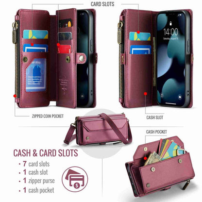 For iPhone 13 Pro CaseMe C36 Card Slots Zipper Wallet RFID Anti-theft Leather Phone Case(Wine Red)