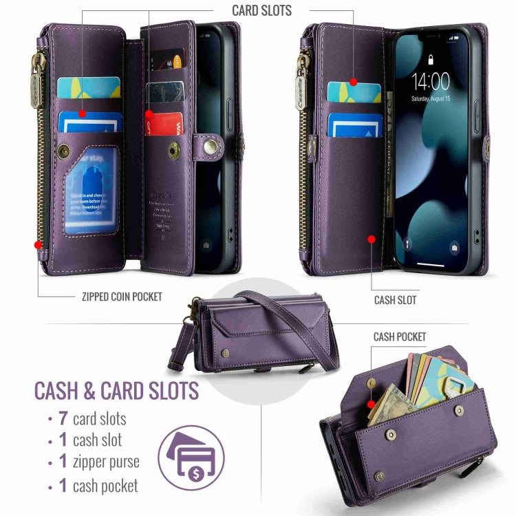 For iPhone 13 Pro Max CaseMe C36 Card Slots Zipper Wallet RFID Anti-theft Leather Phone Case(Purple)