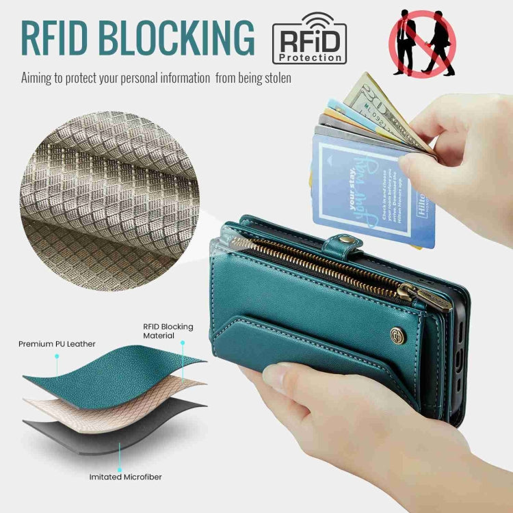 For iPhone 13 Pro Max CaseMe C36 Card Slots Zipper Wallet RFID Anti-theft Leather Phone Case(Blue-green)