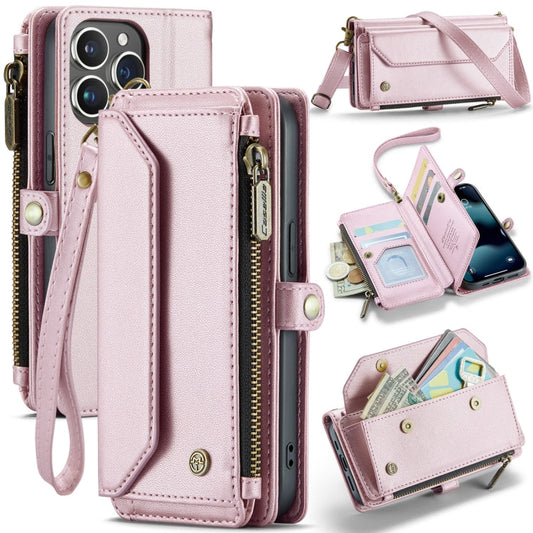Pour iPhone 13 Pro Max Étui Portefeuille Zippé en Cuir Anti-RFID avec Emplacements pour Cartes CaseMe C36 (Rose)