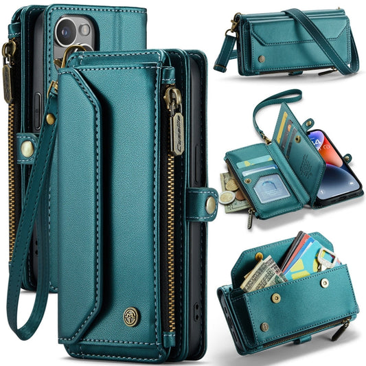 Pour iPhone 14 Étui portefeuille zippé CaseMe C36 avec fentes pour cartes et protection RFID en cuir (Bleu-vert)
