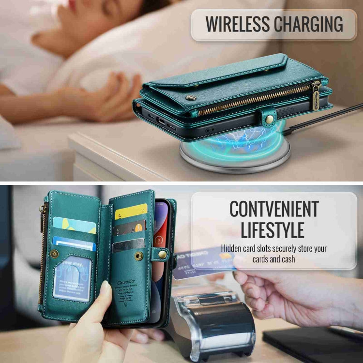For iPhone 14 Plus CaseMe C36 Card Slots Zipper Wallet RFID Anti-theft Leather Phone Case(Blue-green)