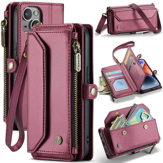 Pour iPhone 14 Plus Étui portefeuille à glissière en cuir antivol RFID avec fentes pour cartes CaseMe C36 (rouge vin)