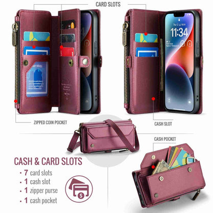 For iPhone 14 Plus CaseMe C36 Card Slots Zipper Wallet RFID Anti-theft Leather Phone Case(Wine Red)