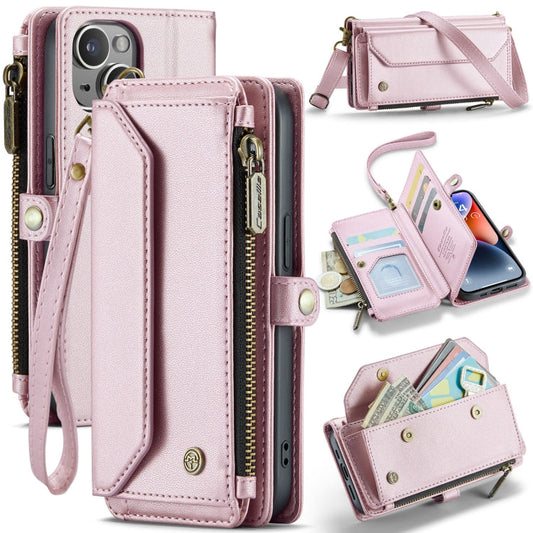 Pour iPhone 14 Plus Étui portefeuille à glissière en cuir antivol RFID avec fentes pour cartes CaseMe C36 (rose)