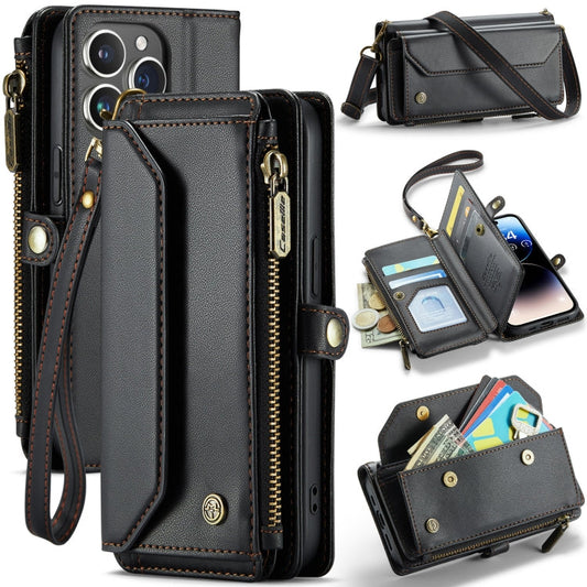 Pour iPhone 14 Pro Étui Portefeuille en Cuir Anti-RFID CaseMe C36 avec Fentes pour Cartes et Fermeture Éclair (Noir)