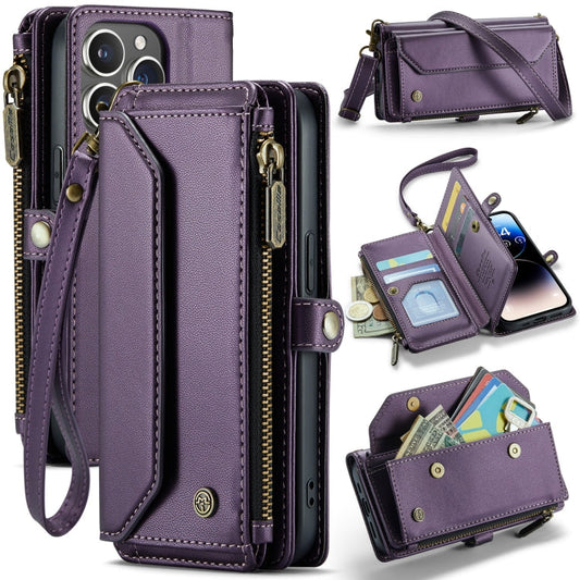 Pour iPhone 14 Pro Étui Portefeuille en Cuir Anti-RFID avec Fentes pour Cartes et Fermeture Éclair CaseMe C36 (Violet)