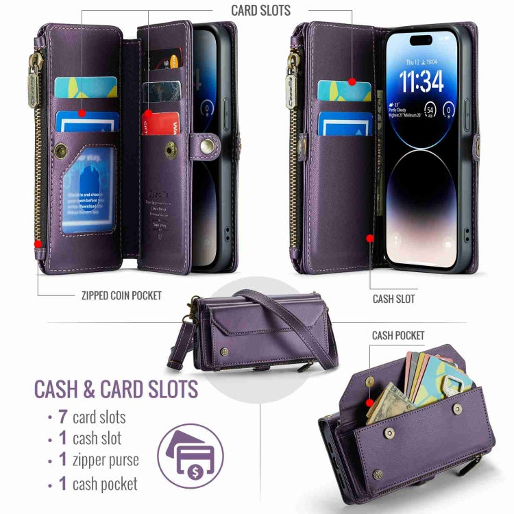 For iPhone 14 Pro CaseMe C36 Card Slots Zipper Wallet RFID Anti-theft Leather Phone Case(Purple)