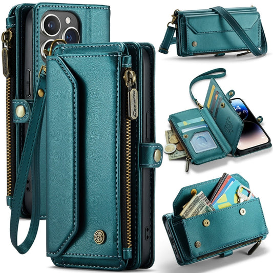 Pour iPhone 14 Pro Étui Portefeuille Zippé en Cuir Anti-vol RFID CaseMe C36 avec Emplacements pour Cartes (Bleu-vert)