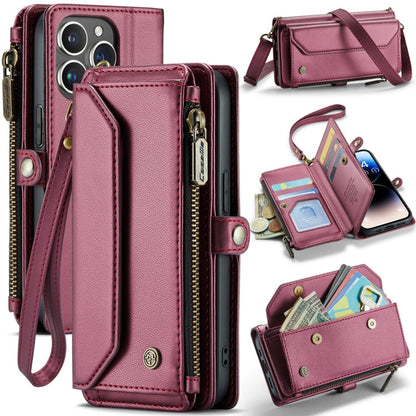 For iPhone 14 Pro CaseMe C36 Card Slots Zipper Wallet RFID Anti-theft Leather Phone Case(Wine Red)
