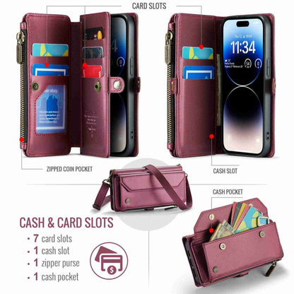 For iPhone 14 Pro CaseMe C36 Card Slots Zipper Wallet RFID Anti-theft Leather Phone Case(Wine Red)