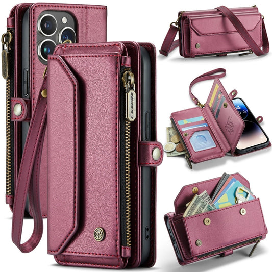 Pour iPhone 14 Pro Max Étui Portefeuille Zippé CaseMe C36 avec Fentes pour Cartes en Cuir Anti-RFID (Rouge Vin)