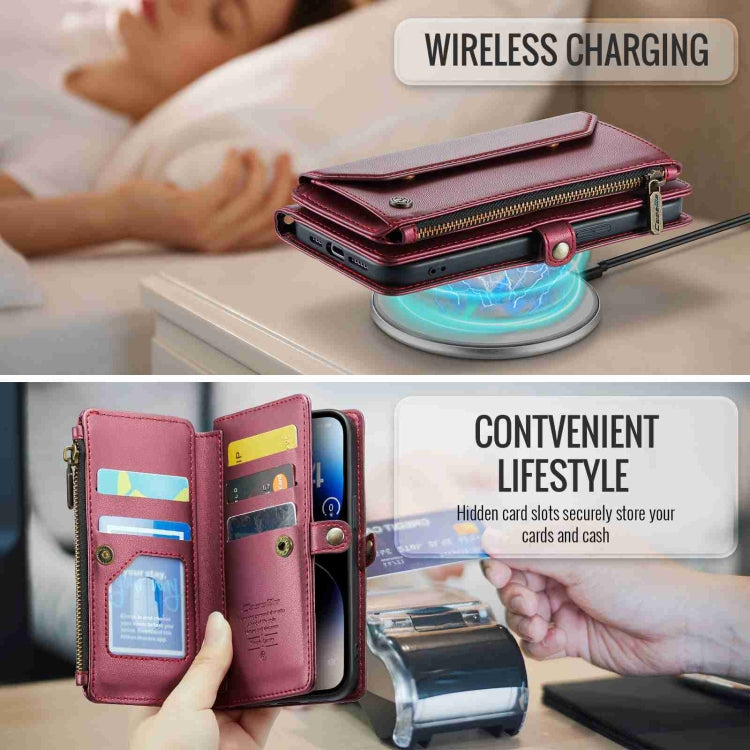 For iPhone 14 Pro Max CaseMe C36 Card Slots Zipper Wallet RFID Anti-theft Leather Phone Case(Wine Red)