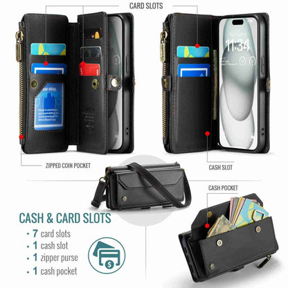 For iPhone 15 CaseMe C36 Card Slots Zipper Wallet RFID Anti-theft Leather Phone Case(Black)