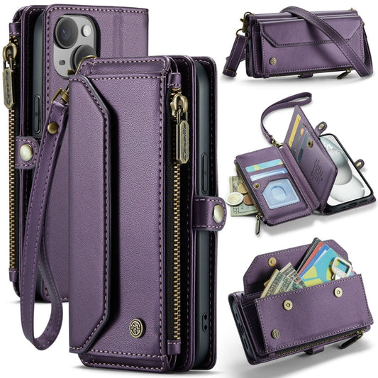 For iPhone 15 CaseMe C36 Card Slots Zipper Wallet RFID Anti-theft Leather Phone Case(Purple)