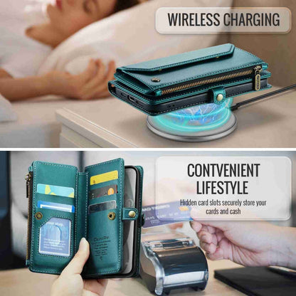 For iPhone 15 CaseMe C36 Card Slots Zipper Wallet RFID Anti-theft Leather Phone Case(Blue-green)