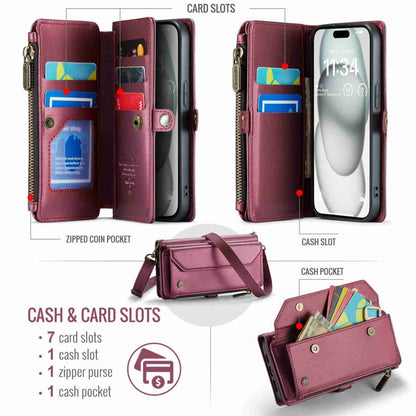 For iPhone 15 CaseMe C36 Card Slots Zipper Wallet RFID Anti-theft Leather Phone Case(Wine Red)
