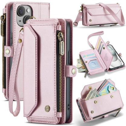 For iPhone 15 CaseMe C36 Card Slots Zipper Wallet RFID Anti-theft Leather Phone Case(Pink)