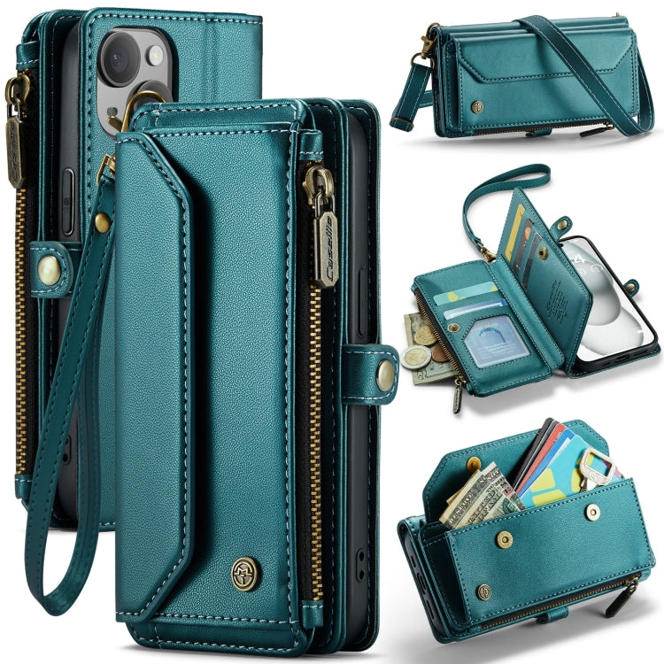 For iPhone 15 Plus CaseMe C36 Card Slots Zipper Wallet RFID Anti-theft Leather Phone Case(Blue-green)