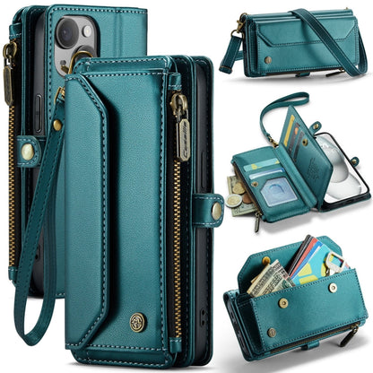 For iPhone 15 Plus CaseMe C36 Card Slots Zipper Wallet RFID Anti-theft Leather Phone Case(Blue-green)