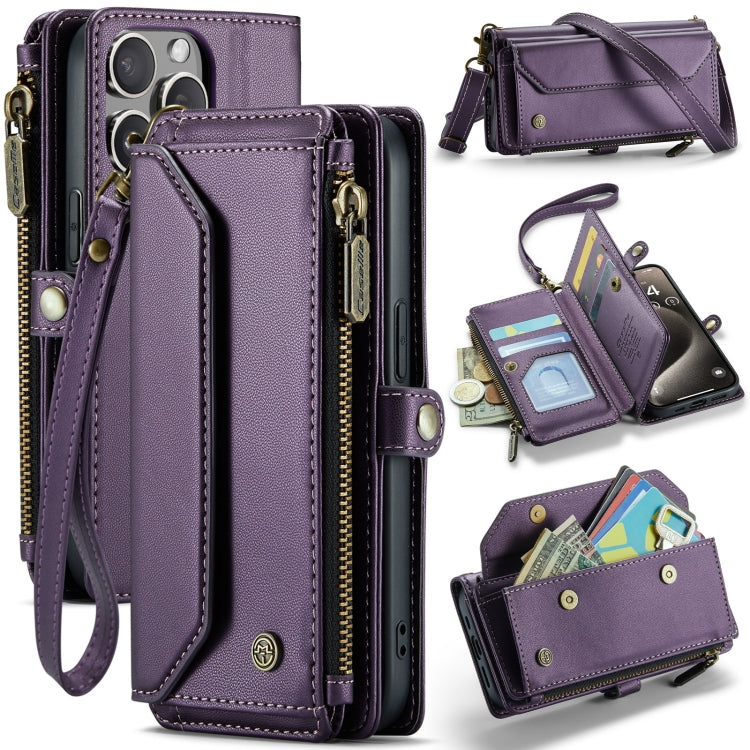 For iPhone 15 Pro CaseMe C36 Card Slots Zipper Wallet RFID Anti-theft Leather Phone Case(Purple)