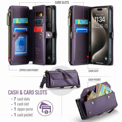 For iPhone 15 Pro CaseMe C36 Card Slots Zipper Wallet RFID Anti-theft Leather Phone Case(Purple)