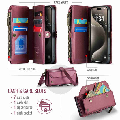 For iPhone 15 Pro CaseMe C36 Card Slots Zipper Wallet RFID Anti-theft Leather Phone Case(Wine Red)