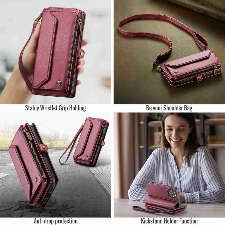 For iPhone 15 Pro CaseMe C36 Card Slots Zipper Wallet RFID Anti-theft Leather Phone Case(Wine Red)