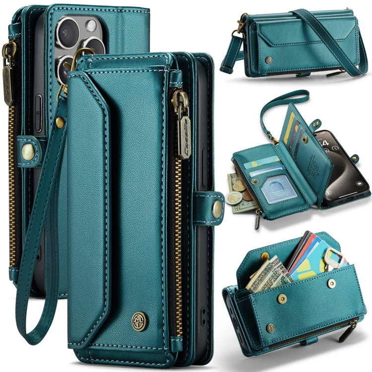 For iPhone 15 Pro Max CaseMe C36 Card Slots Zipper Wallet RFID Anti-theft Leather Phone Case(Blue-green)